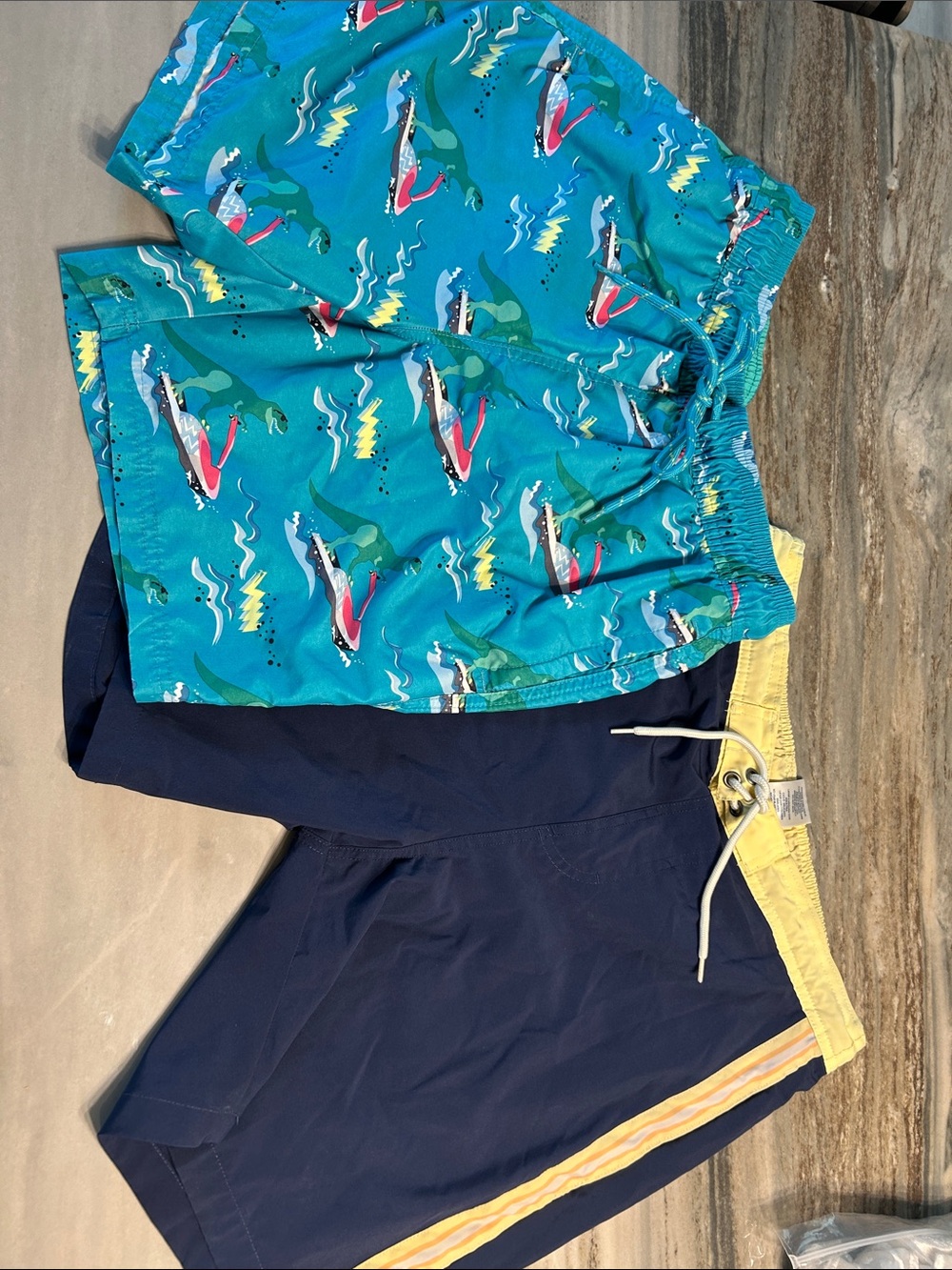 No Boundaries Men Teal Boat-Print Swim Trunks & Navy Swim Shorts 2 pair Sz S